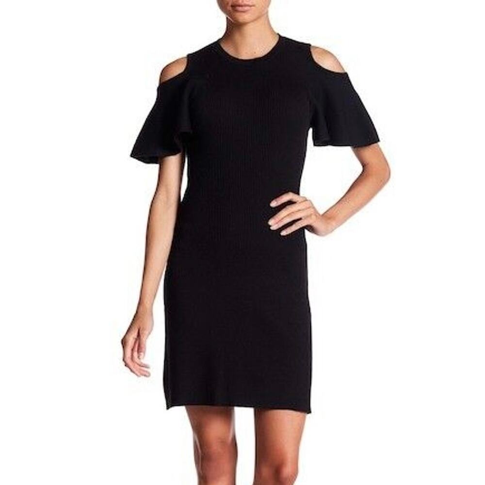 Laundry by Shelli Segal Black Rib Knit Cold Shoulder Sweater Dress Petite Large